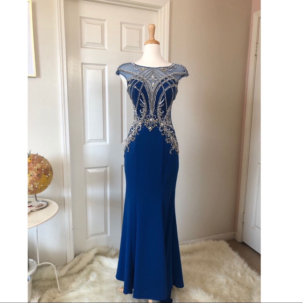 Royal blue Long Gown with silver sequins